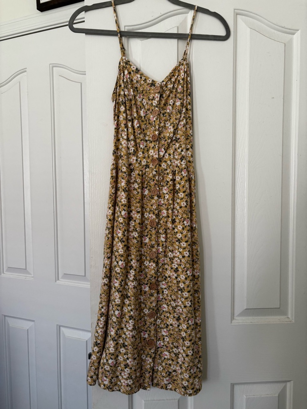 Mustard Floral Midi Dress with Pockets - Picture 2 of 3